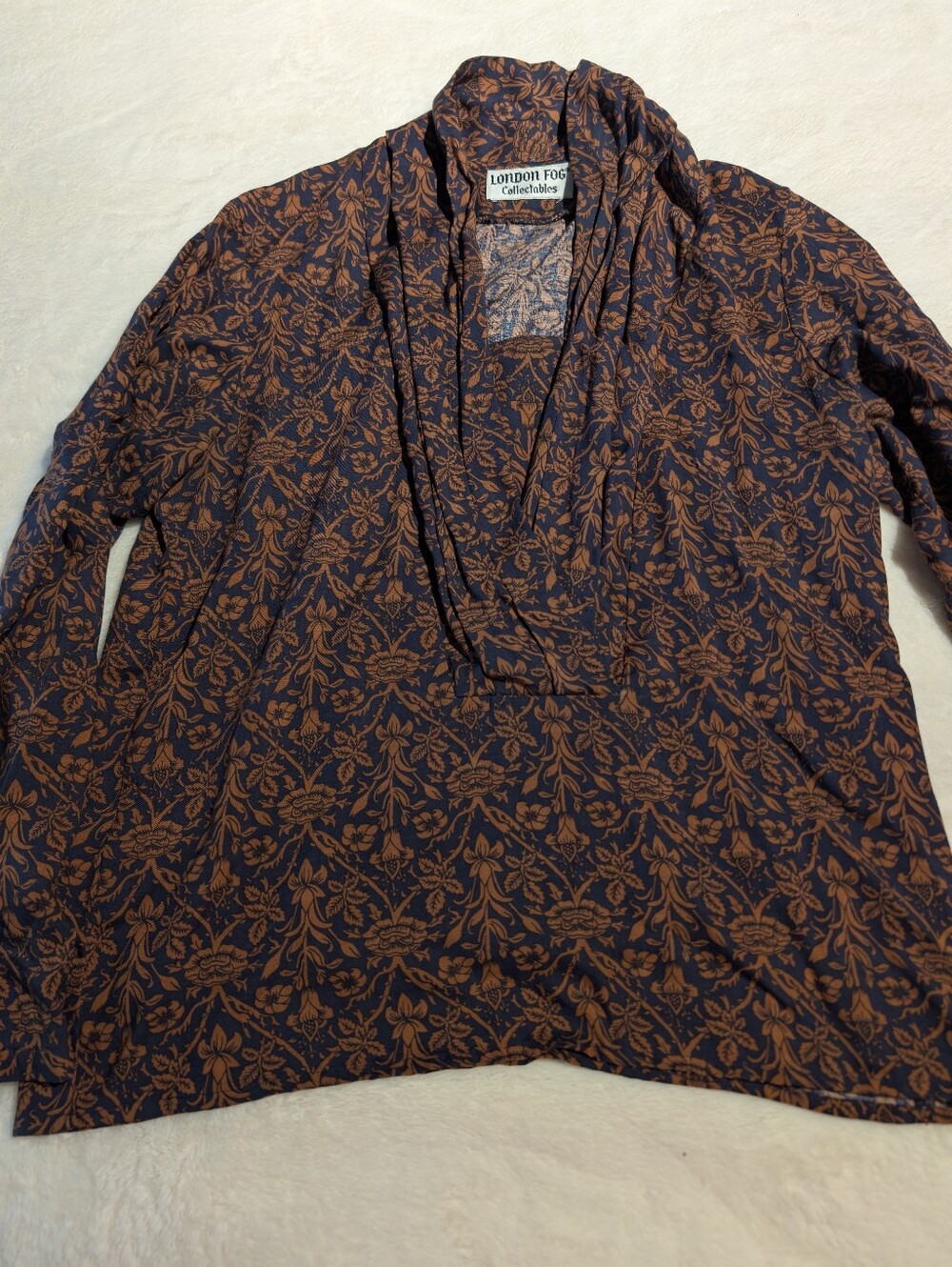 London Fog Vintage Navy Cotton Blouse with Rust Floral Print. Large.